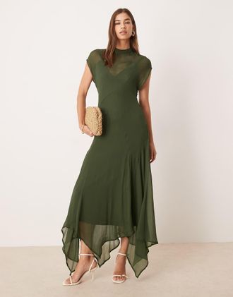 Asos Vestito lungo accollato in chiffon color muschio scuro con orlo a fazzoletto-Verde