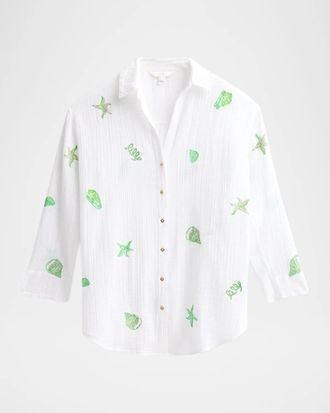 Lilly Pulitzer Kwitney Shore Embroidery Cotton Cover-Up Shirt