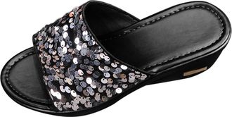 Generic Womens Sequin Sliders Sandals Womens Slip On Wedge Sandals High Platform Sparkly Sliders Peep Toe Shiny Mules Wide Fit Soft Sole Slides Holiday Mules 