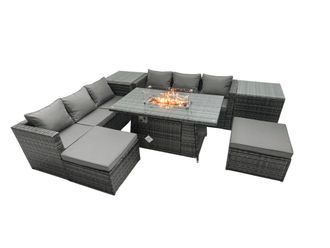 Fimous Rattan Garden Furniture Firepit Dining Set 6 Seater Lounge Sofa Table Set with 2 Side Tables 2 Footstool in Dark Grey