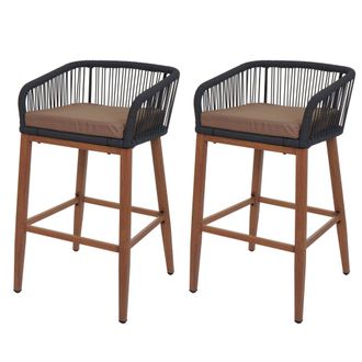 Hhg Hhg - Juego De 2 Taburetes De Bar De Cuerda 110, Asiento De Exterior De Cuerda De Metal Imitaci&oacute;n Madera, Antracita, Coj&iacute;n Topo