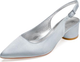 Generic Wedding Bridal Shoes Women Chunky Block Satin Low Heels Pointed Toe Slingback Evening Party Prom Office Shoes 4.5Cm,Silver,9 UK