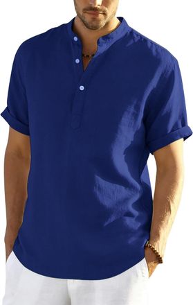 Generic Mens Linen Shirts Short Sleeve Summer Beach Hawaiian Shirts with Pockets Grandad Collar Collarless Henley Tshirts Men UK Button V Neck Cotton Linen To