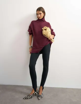 Topshop maglione oversize lavorato a maglia con collo alto e cuciture a vista in lana color mulberry-Viola