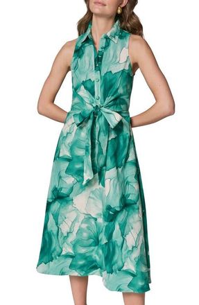 DKNY Floral Print Linen Blend Midi Dress in Lawn Multi at Nordstrom, Size 16