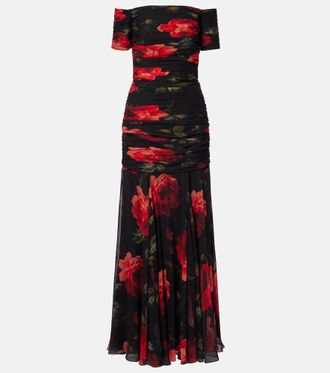 Carolina Herrera Abito lungo off-shoulders in chiffon di seta con stampa floreale e ruches