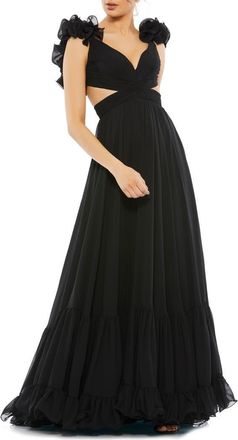 Mac Duggal Sleeveless Ruffle Tiered Cut-Out Chiffon Gown in Black at Nordstrom, Size 2