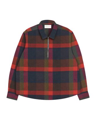Far Afield Mens Half-Zip Day Flannel Shirt In Red Multi Checked