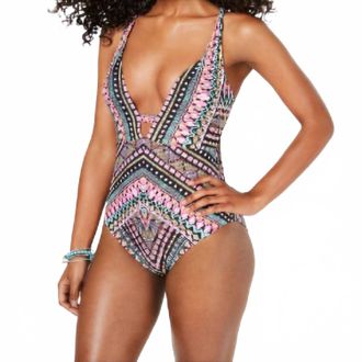 Bar III Printed Plunging One Piece Tummy Control Swimsuit In Multicolor