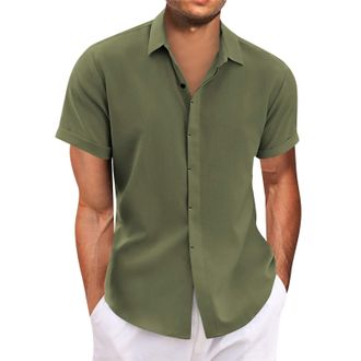 Generic Mens Short Sleeve Shirt Stretch Stain Shield Plain Shirts Regular Fit Business Blouse Casual Smart Button Down T-Shirt,Green,M