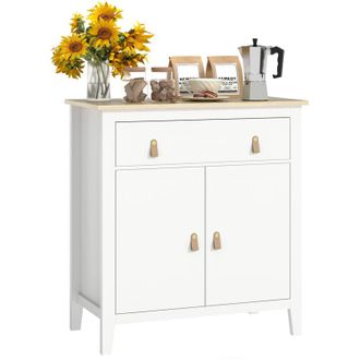 HOMCOM Homcom - Aparador De 2 Puertas Aparador De Sal&oacute;n Moderno Con Caj&oacute;n Estante Ajustable Y Tiradores De Pu 80x40x90 Cm Blanco Y Roble