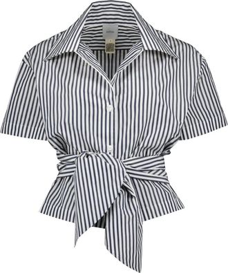 Patou Gestreepte Blouse met Knoop - Dames - Overhemden - Blauw - M - Polyester - Overhemden
