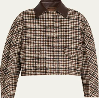 Brunello Cucinelli Leather-Collar Check Boxy Car Coat