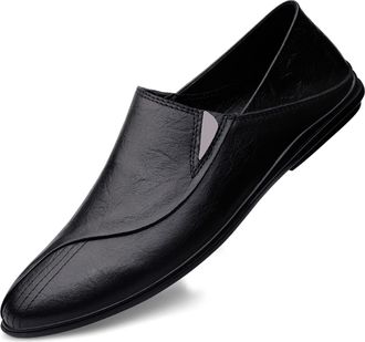 Generic Mens Loafers Shoes Round Toe Loafer Shoes Leather Flat Heel Flexible Lightweight Classic Slip-on(Black,5.5 UK)