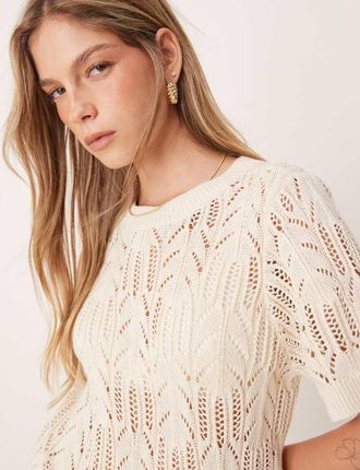 Vila short sleeve open knitted t-shirt in birch cream-White