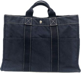 Herm&egrave;s Navy Canvas Handbag Tote Bag (Pre-Owned)