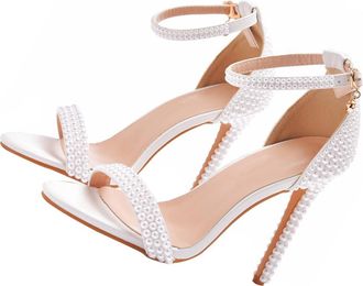 Yarnow Womens White Pearl High Heels Pointed Toe Wedding Sandals 11cm Heel Bride Party Evening Shoes Size 38