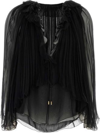 Alberta Ferretti Black Pleated V Neck Top