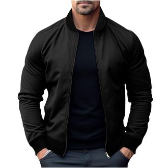 Generic Mens Jacket Bomber Jacket Casual Lightweight Cotton Windbreaker Sportswear With Pockets Long Sleeve Zip Up Stand Collar Jackets Comfortable Material R