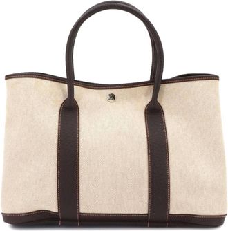 Herm&egrave;s Marron Natural Toile H Leather Handbag Tote Bag (Pre-Owned)