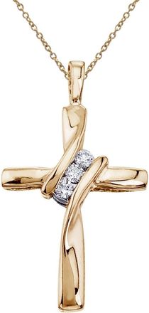 Pompeii3 Three Stone Real Diamond Cross Pendant 10K Yellow Gold Necklace 19mm tall