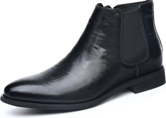 Generic Mens Flat Heel Chelsea Ankle Boots Pointed Toe Short Boots PU Leather Office Dress Shoes with Side Zipper,Black,6.5 UK