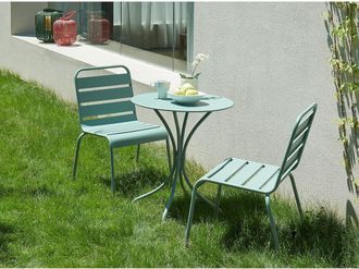 Vente-Unique Sala da pranzo da giardino MIRMANDE in metallo - un tavolo D.60 cm e 2 sedie impilabili - Verde acqua
