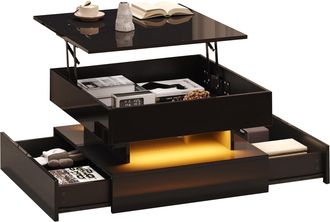 STILVORA Mesa De Centro Elevable Cuadrada Con 2 Cajones Y Led, Acabado Brillante, Almacenaje Oculto, En Tablero De Part&iacute;culas, 65&times;65&times;38,5 Cm, Negro