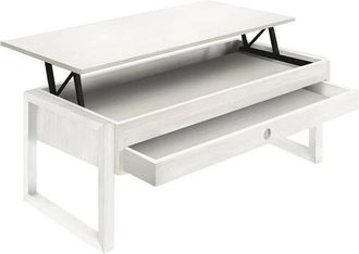 HOGAR 24 Hogar24 - Mesa Centro Elevable Cajon Deslizante Madera Maciza Color Blanco, Pata Cuadrada