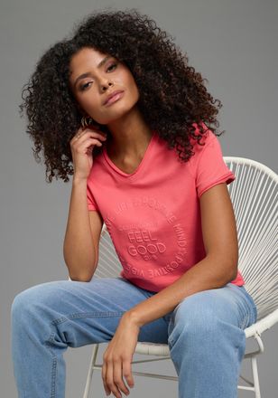 Laura Scott T-Shirt LAURA SCOTT, Damen, Gr. 32/34, koralle, Sweatware, Obermaterial: 80% Baumwolle, 20% Polyester, bedruckt, figurbetont h&uuml;ftlang, V-Ausschnitt, g