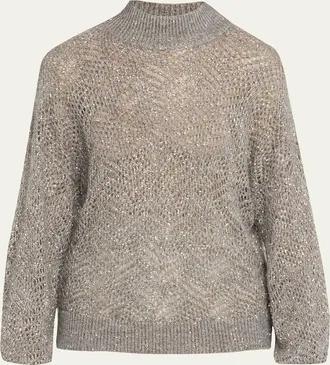 Brunello Cucinelli Airy Shimmer Open-Knit Mock Neck Sweater