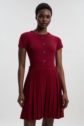 Karen Millen Viscose Tab Pleated Knit Mini Dress in Burgundy at Nordstrom, Size X-Small