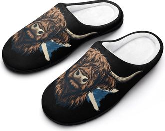 Generic Scottish Flag Highland Cow Mens House Slippers Memory Foam Washable Cotton Slip on Home Shoes
