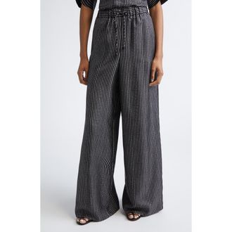 Max Mara Clarino Broken Stripe High Waist Wide Leg Silk Pants in Black White at Nordstrom, Size 12