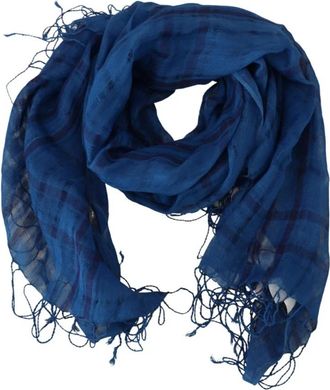 Costume National Linnen Geruite Sjaal met Franjes - Dames - Sjaals - Blauw - ONE Size - Linnen - Accessoires