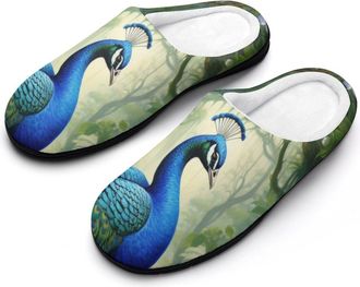 Generic Peacock And Forests Cotton Womens Slip-on Slippers Winter Warm House Shoes with Rubber Sole for Home Office Hotel