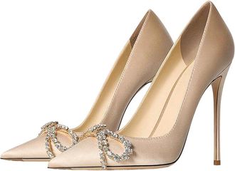 Generic Women Pointed Toe High Heel Pumps Elegant Rhinestone Bow Slip On Office Work Dress Shoes