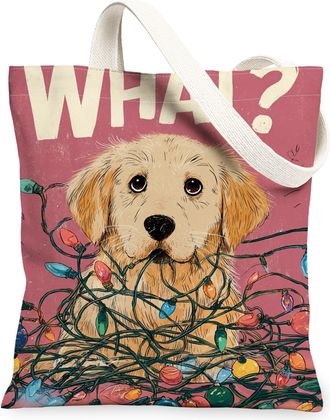 Generic Holiday Dog Canvas Tote Bags, Cute Puppy Design Reusable Shopping Bags, Festive Lightweight Washable Shoulder Strap Canvas, Peach, 13x15 Inch