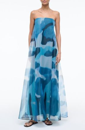 Staud Allyson Abstract Print Strapless Dress in Blue Haze at Nordstrom, Size 12