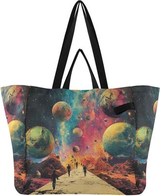 Generic Space Planet Orange pattern Reusable Canvas Tote Bag, Heavy Duty Grocery Shopping Bag with Double Handles Large Capacity Hard Bottom Work Groceries Tr