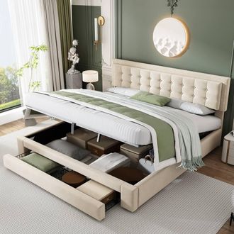 Merax 5FT King Velvet Upholstered Ottoman Bed with Lift Storage & Drawer in Beige