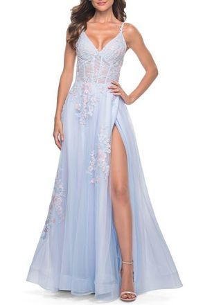La Femme A-Line Tulle Prom Dress with Scattered Lace Applique in Light Blue at Nordstrom, Size 2