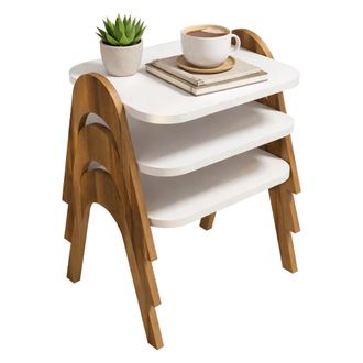 Dmora Mesas De Sal&oacute;n Cerrione, Set De 3 Piezas Apilables, Forma Rectangular, Estructura Marr&oacute;n, 49x36x42h Cm Blanco