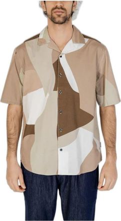Only & Sons Bruin Katoenen Abstract Print Shirt - Heren - Korte mouwen Overhemden - Veelkleurig - S - Katoen - Overhemden