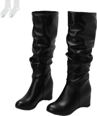Generic Womens Knee-High Boots in A Leather Look with Wedge Heels, Casual Pull-On Boots with A Ruched Shaft, Comfortable Tall Boots for Everyday Wear, Autumn 