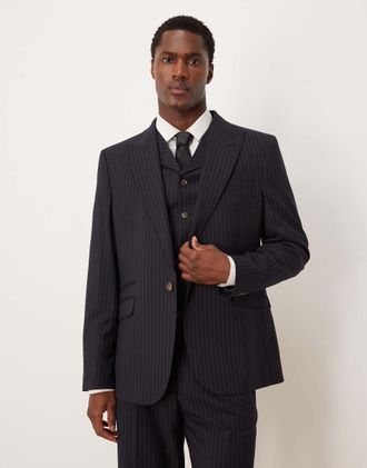 Asos Giacca da abito slim blu navy gessato