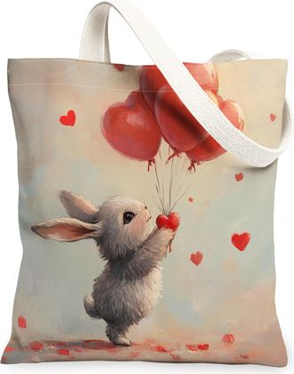 Generic Cute Rabbit Canvas Tote Bag, Heart Balloon Pattern Lightweight Washable Grocery Bags, Valentines Day Vintage Eco-Friendly Shoulder Strap Canvas Bags f