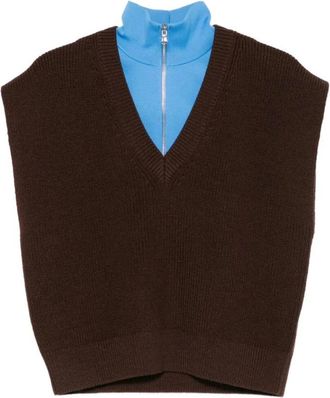 Tibi Vest met kabelsteek en afneembare dickie - Dames - V-hals truien - Bruin - M - Wol - Truien & Vesten