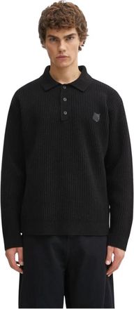 Maison Kitsun&eacute; Fox Head Wool Ribbed Polo Jumper - Heren - Ronde hals truien - Zwart - L - Wol - Truien & Vesten