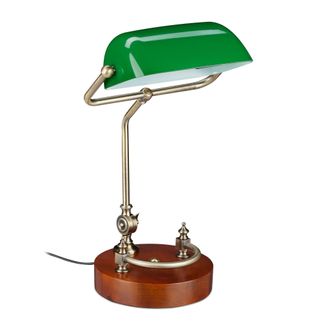 Relaxdays L&aacute;mpara Banquero, Tulipa Inclinable Cristal, Base Madera, Casquillo E27, Luz Escritorio Vintage, Verde/marr&oacute;n - Relaxdays